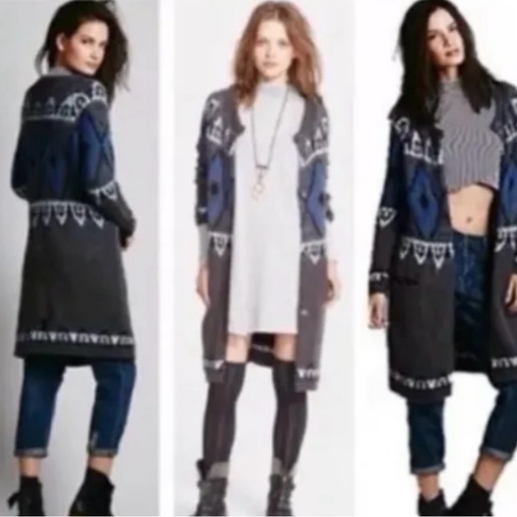 Free People Fair Isle Med Gray Longline Button Cardi Mohair Wool Pocket Coatigan - Picture 9 of 9